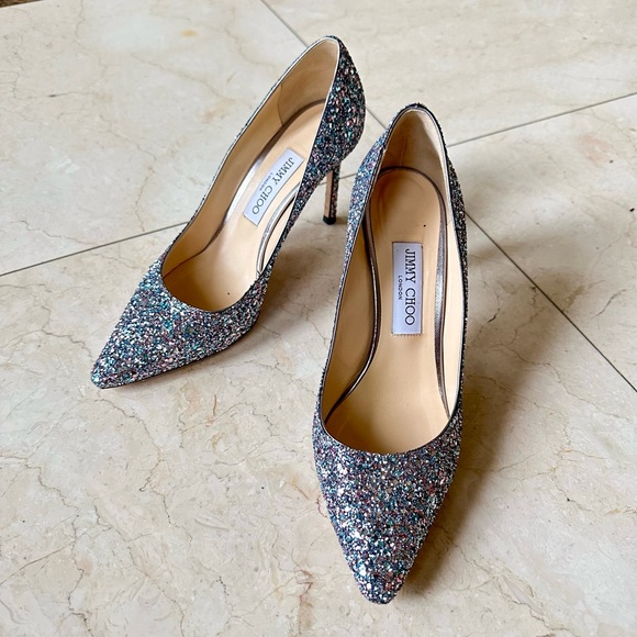 Jimmy Choo Blue Silver Glitter Love 100 Pumps Heels 38.5 Like NEW - Picture 7 of 8
